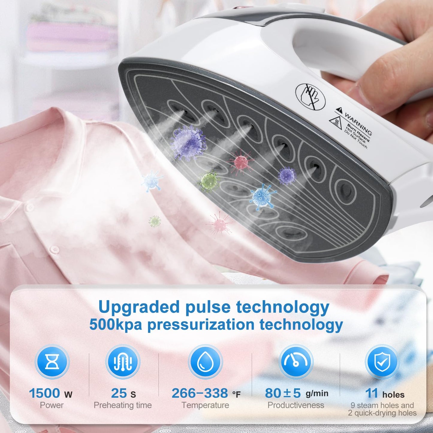 1500W Standing Garment Steamer with Fast Heat-Up & 1.6L Water Tank – Foldable Board & Accessories