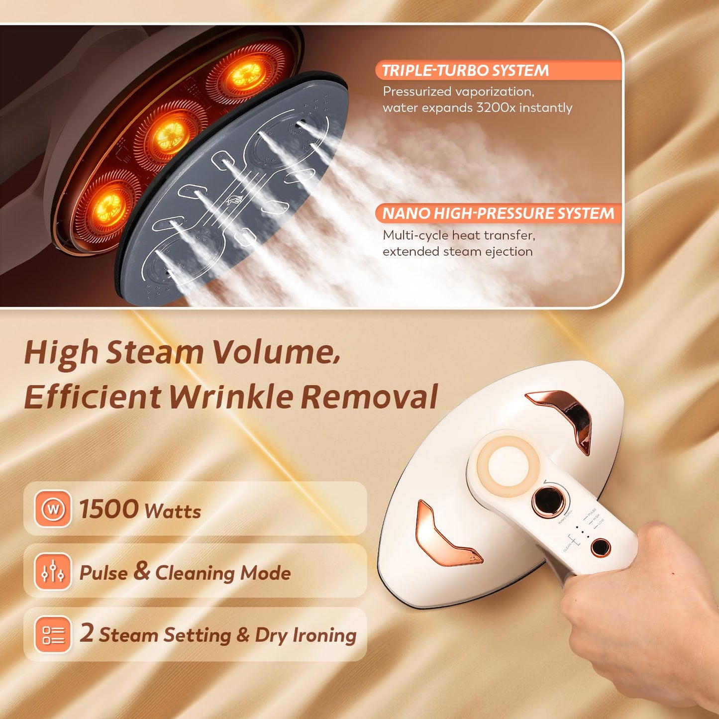 1500W Handheld Garment Steamer with Large Soleplate & Detachable 390ml Tank – Fast Heat-Up