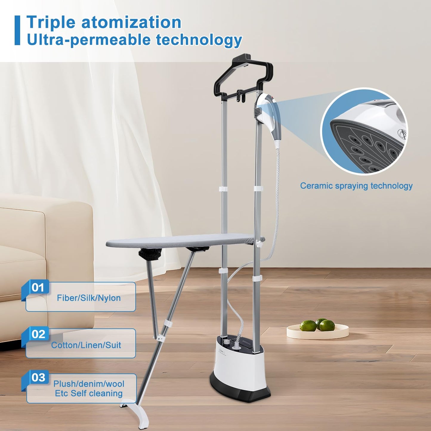 1500W Standing Garment Steamer with Fast Heat-Up & 1.6L Water Tank – Foldable Board & Accessories