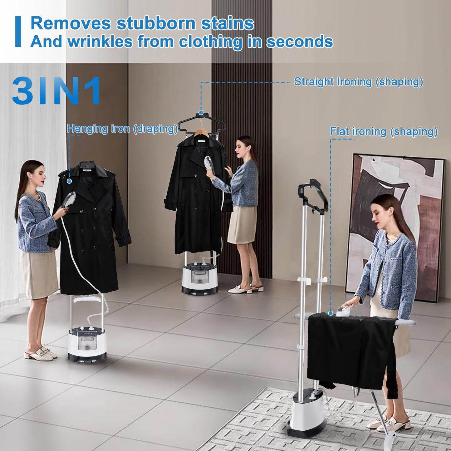 1500W Standing Garment Steamer with Fast Heat-Up & 1.6L Water Tank – Foldable Board & Accessories