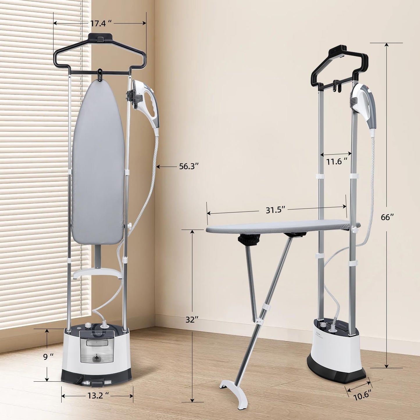 1500W Standing Garment Steamer with Fast Heat-Up & 1.6L Water Tank – Foldable Board & Accessories