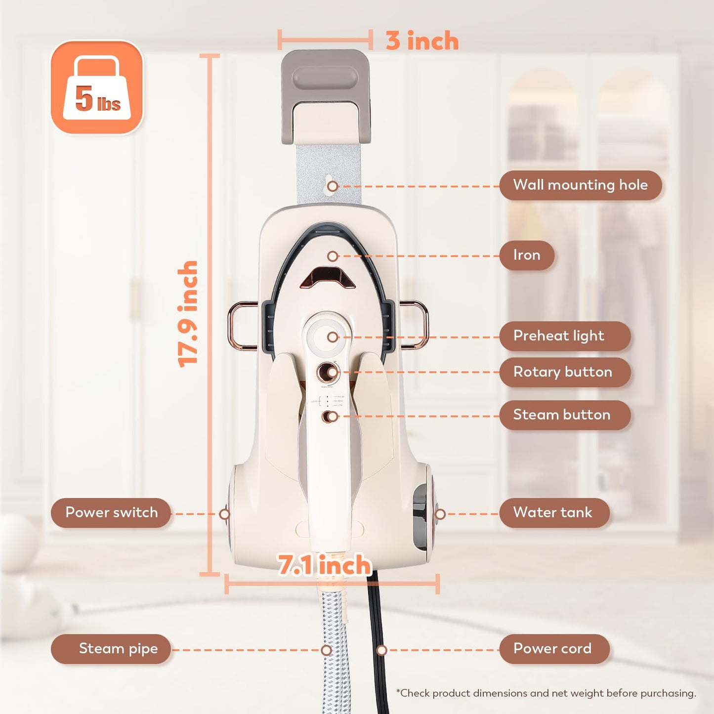 1500W Handheld Garment Steamer with Large Soleplate & Detachable 390ml Tank – Fast Heat-Up
