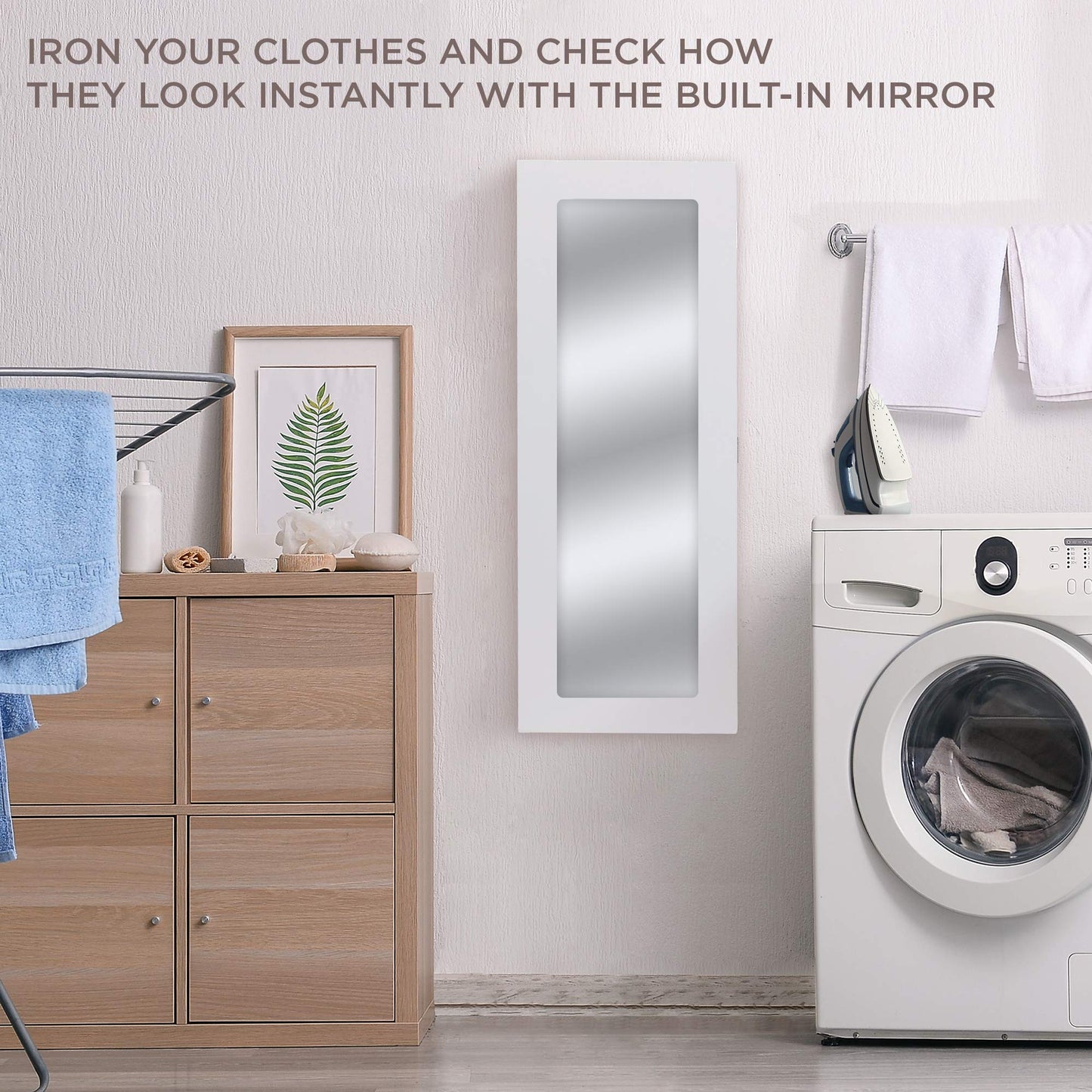 Wall-Mounted Folding Ironing Board Cabinet with Mirror & Hooks – Space-Saving Design