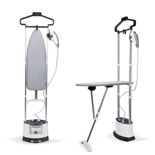 1500W Standing Garment Steamer with Fast Heat-Up & 1.6L Water Tank – Foldable Board & Accessories