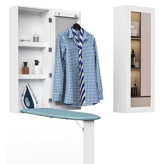 Wall-Mounted Ironing Board Cabinet with Mirror & Folding Support Leg – Built-In Storage for Small Spaces