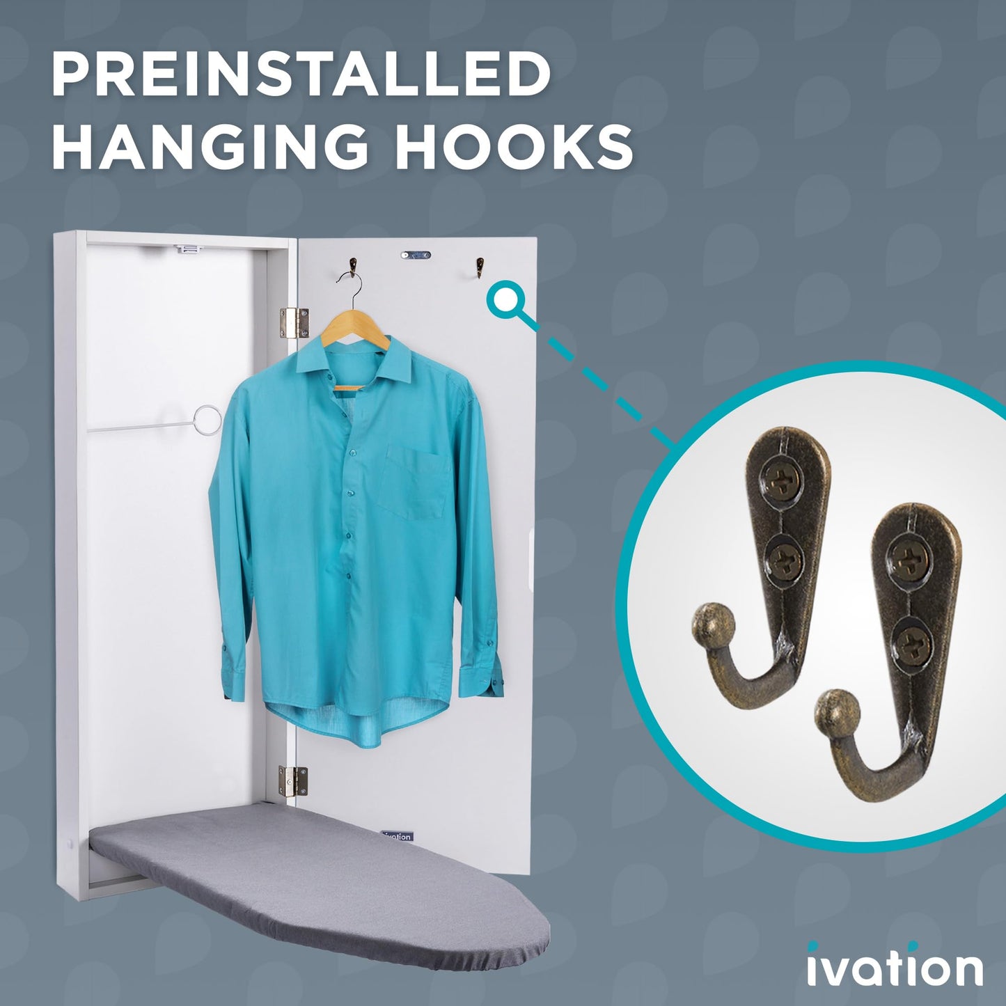Wall-Mounted Ironing Board Cabinet – Foldable Station with Hooks & Easy-Release Lever