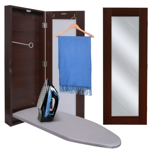 Wall-Mounted Folding Ironing Cabinet with Mirror Door – Walnut Finish, Space-Saving Design