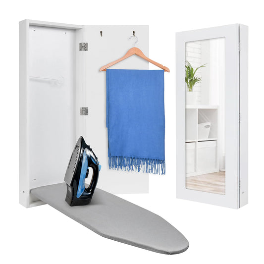 Wall-Mounted Folding Ironing Board Cabinet with Mirror & Hooks – Space-Saving Design