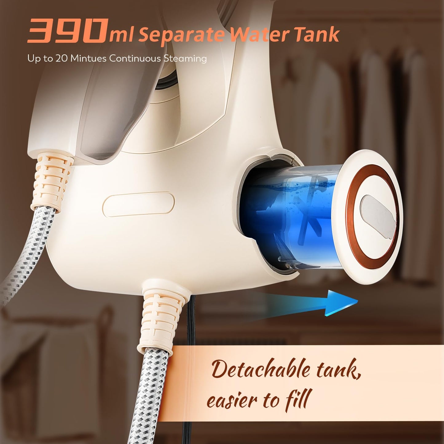 1500W Handheld Garment Steamer with Large Soleplate & Detachable 390ml Tank – Fast Heat-Up