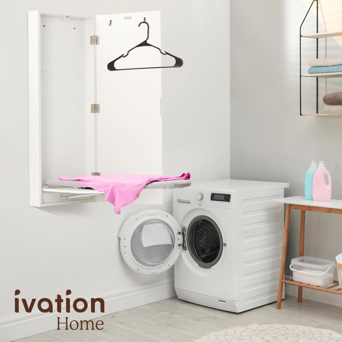 Wall-Mounted Ironing Board Cabinet – Foldable Station with Hooks & Easy-Release Lever