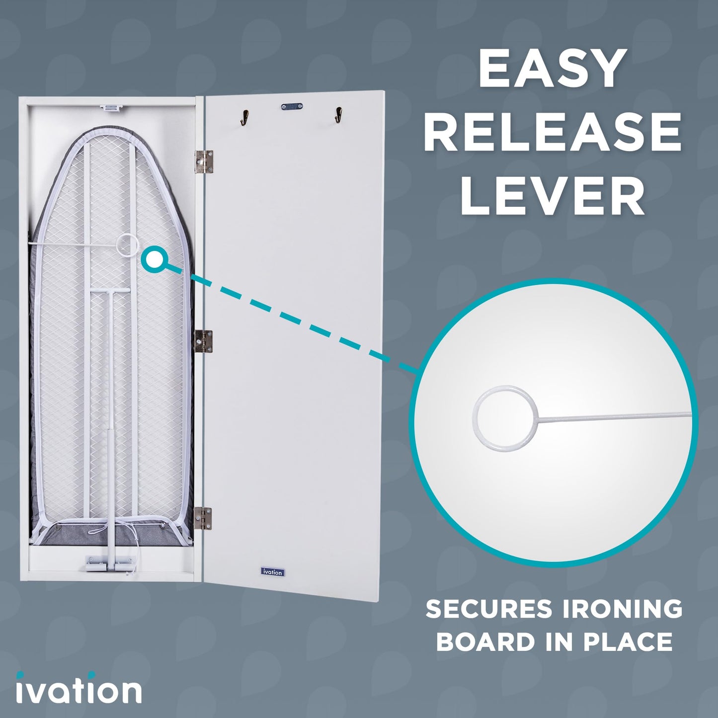 Wall-Mounted Ironing Board Cabinet – Foldable Station with Hooks & Easy-Release Lever