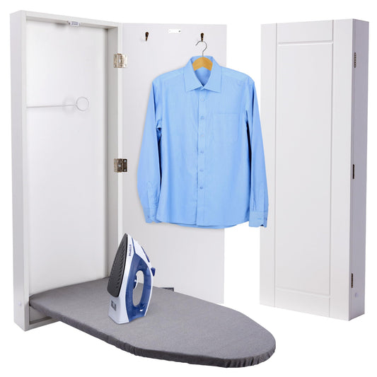 Wall-Mounted Ironing Board Cabinet – Foldable Station with Hooks & Easy-Release Lever