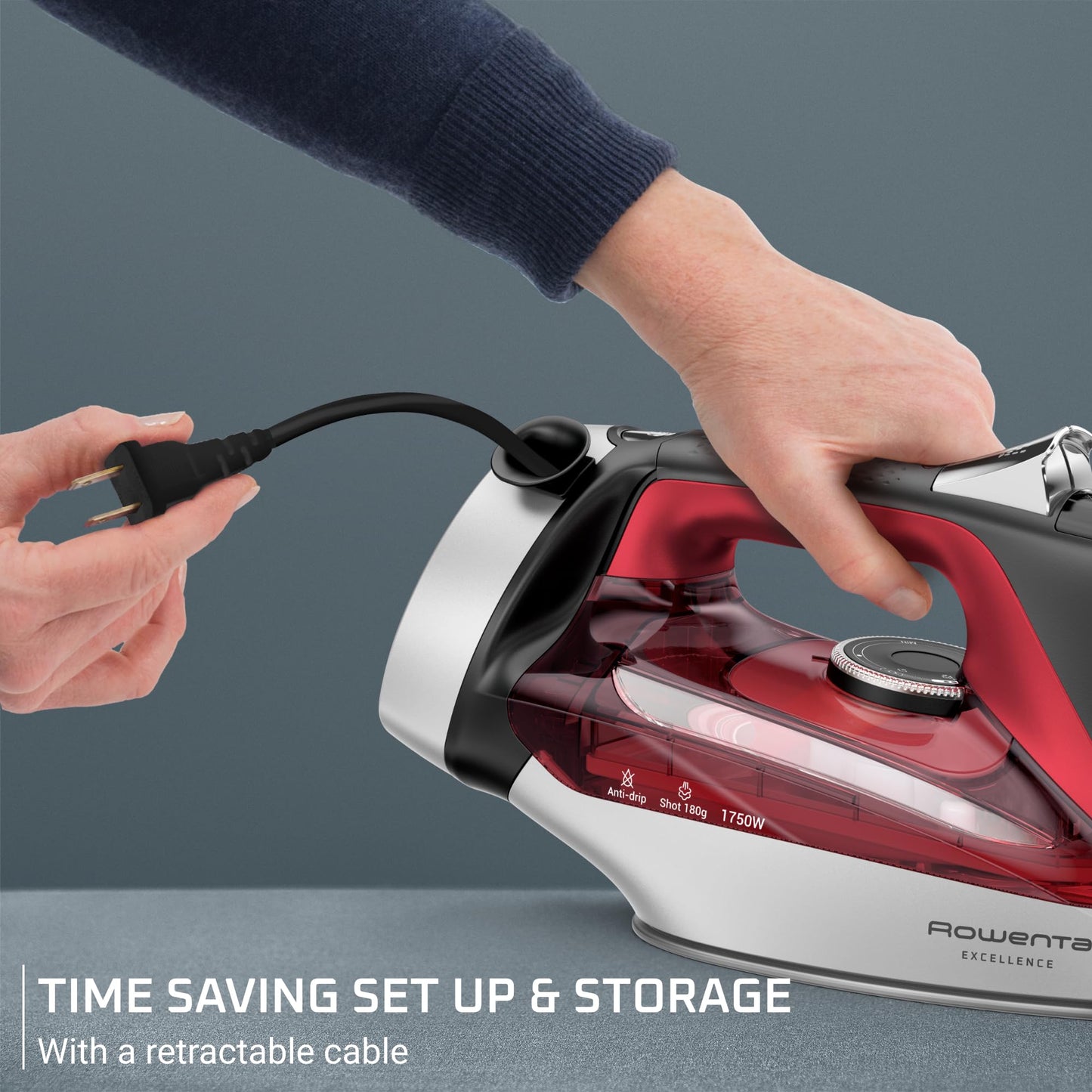 Powerful Steam Iron with Stainless Steel Soleplate, Retractable Cord & LED Display – 1750W